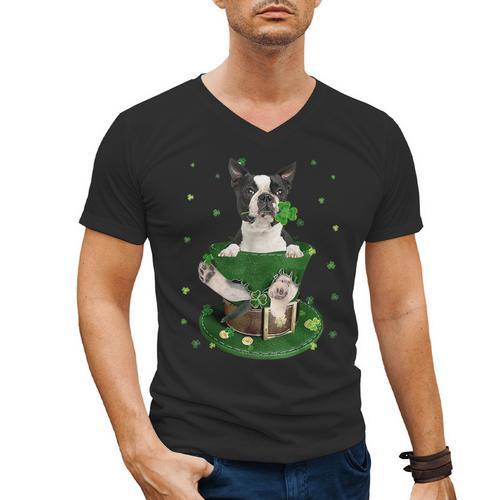 St Patrick's Day Leprechaun Boston Terrier Dog Shamrock For Men Women Kids Men's V-Neck T-Shirt - Bostonterriersmerch.com UK