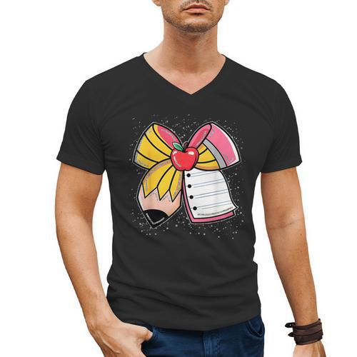 Student Teacher Coquette Bow Pencil Back To School First Day Men's V-Neck T-Shirt - teacherstshirts.com CA