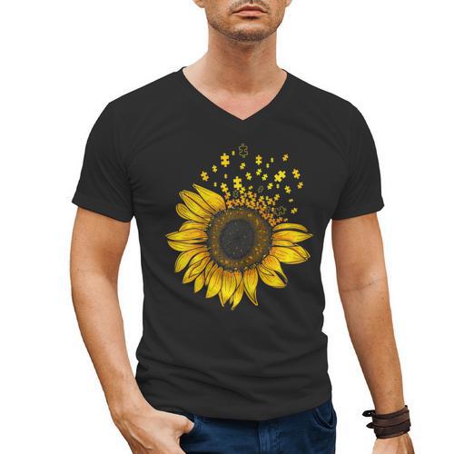Sunflower Puzzle Pieces Autism Awareness For Mom Teacher For Women Men's V-Neck T-Shirt - teacherstshirts.com CA