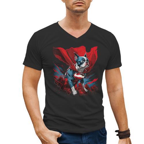 Super Power Superhero Boston Terrier Dog For Men Women Kids Men's V-Neck T-Shirt - Bostonterriersmerch.com
