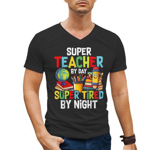 Super Teacher By Day Super Tired By Night Men's V-Neck T-Shirt - teacherstshirts.com AU