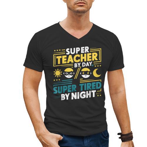 Super Teacher By Day Super Tired By Night Superheroes School Men's V-Neck T-Shirt - teacherstshirts.com AU