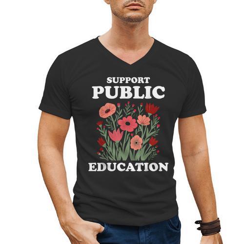 Support Public Education Cute Floral Teacher Red For Ed Men's V-Neck T-Shirt - teacherstshirts.com DE