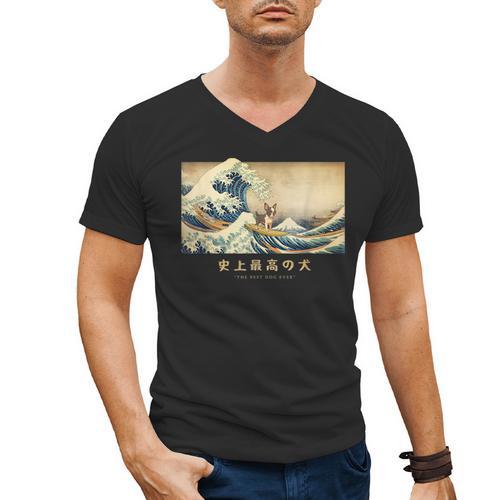 Surfing Boston Terrier Kanagawa Wave Japanese Dog For Men Women Kids Men's V-Neck T-Shirt - Bostonterriersmerch.com UK