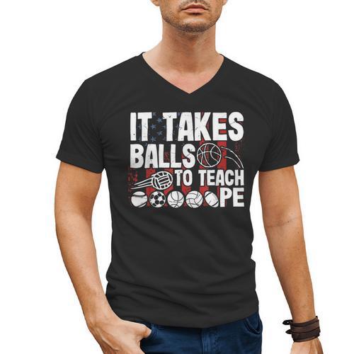 It Takes Balls To Teach Pe Teacher Chaos Coordinator US Flag Men's V-Neck T-Shirt - teacherstshirts.com