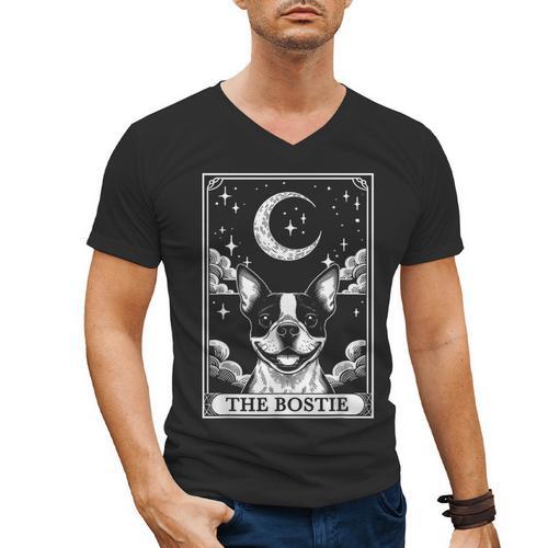 Tarot Card Vintage Crescent Moon Boston Terrier Dog Mom Men's V-Neck T-Shirt - Bostonterriersmerch.com