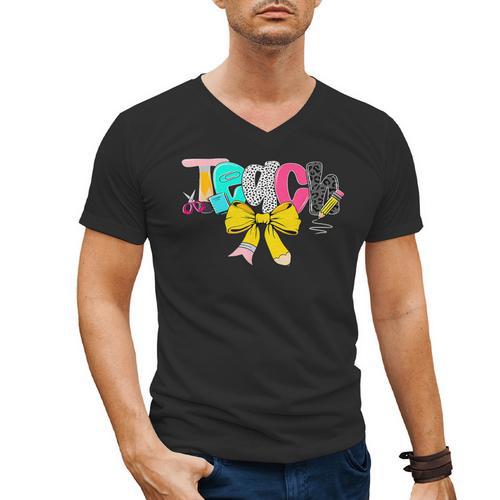Teach Coquette Bow Teacher Back To School Happy First Day Men's V-Neck T-Shirt - teacherstshirts.com CA
