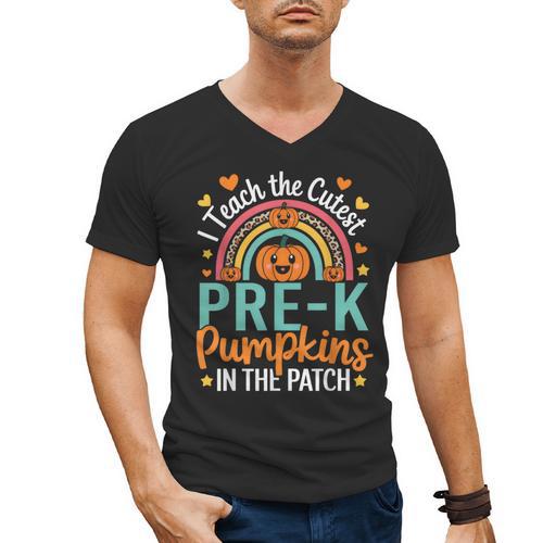 I Teach The Cutest Pre-K Pumpkin Teacher Student Halloween Men's V-Neck T-Shirt - teacherstshirts.com CA
