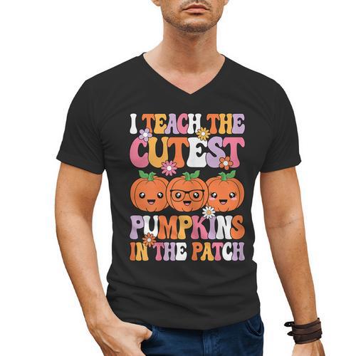 I Teach The Cutest Pumpkins Halloween Fall Teacher Women Men's V-Neck T-Shirt - teacherstshirts.com
