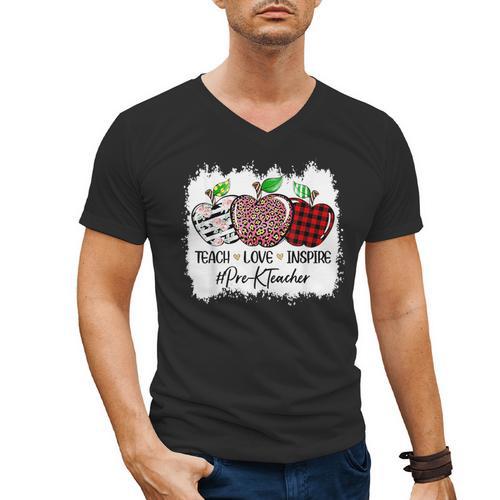 Teach Love Inspire Pre-k Teacher Apple Leopard Red Plain Men's V-Neck T-Shirt - teacherstshirts.com DE