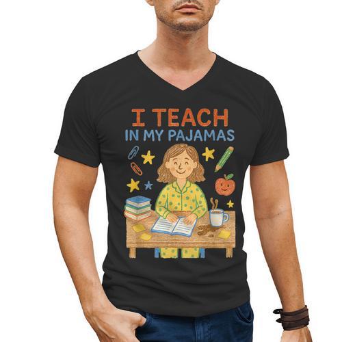 I Teach In My Pajamas Crayon Home School Teacher PJs Men's V-Neck T-Shirt - teacherstshirts.com UK