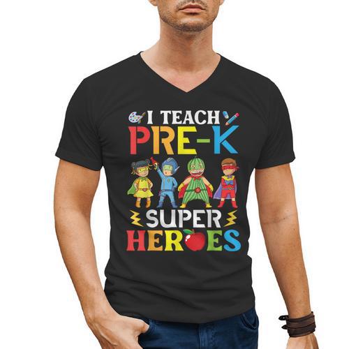 I Teach Pre-K Superheroes Students Teacher Back To School Men's V-Neck T-Shirt - teacherstshirts.com CA