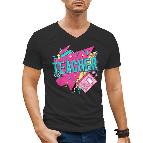 Teacher 90s Retro Colorful Teacher Of The 90s Back To School Men's V-Neck T-Shirt - teacherstshirts.com CA