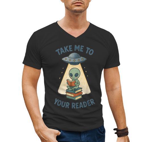 Teacher Alien Books UFO Reading Take Me To Your Reader Men's V-Neck T-Shirt - teacherstshirts.com UK
