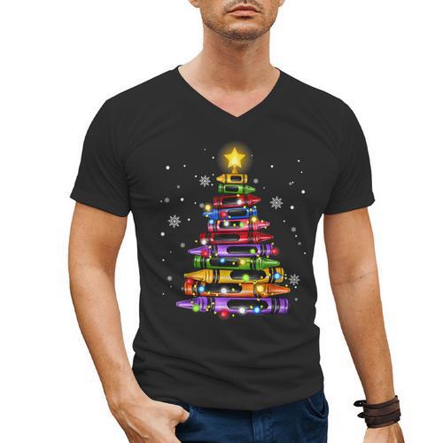 Teacher Crayon Christmas Tree Lights Student School Xmas Men's V-Neck T-Shirt - teacherstshirts.com