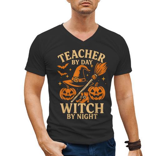 Teacher By Day Witch By Night Halloween Teacher Witch Men's V-Neck T-Shirt - teacherstshirts.com DE