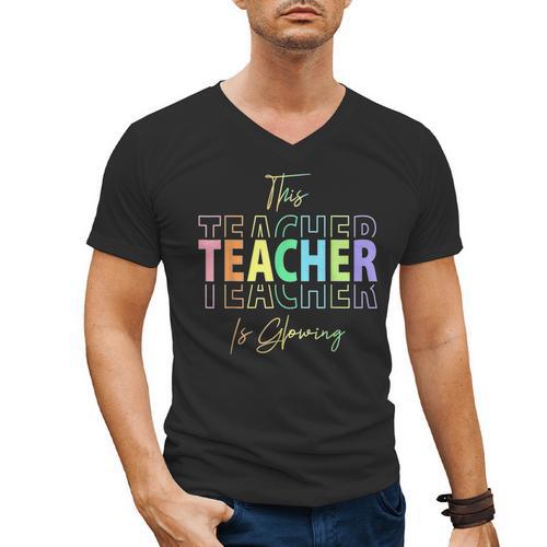 This Teacher Is Glowing Hello Summer End Of School Men's V-Neck T-Shirt - teacherstshirts.com CA