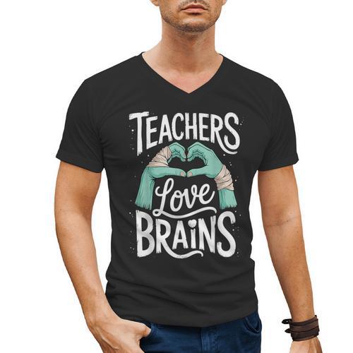 Teacher Halloween Shirt Women Men Teachers Love Brains Men's V-Neck T-Shirt - teacherstshirts.com UK
