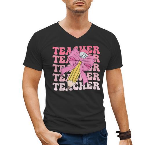 Teacher Pencil Back To School Groovy Pink Teacher First Day Men's V-Neck T-Shirt - teacherstshirts.com AU