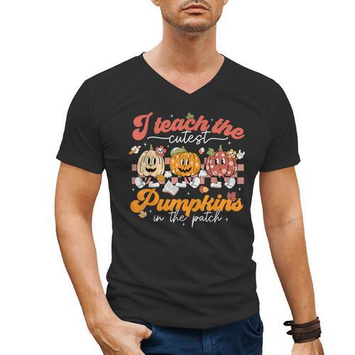 Teacher I Teach The Cutest Pumpkins In The Patch Fall Autumn Men's V-Neck T-Shirt - teacherstshirts.com UK