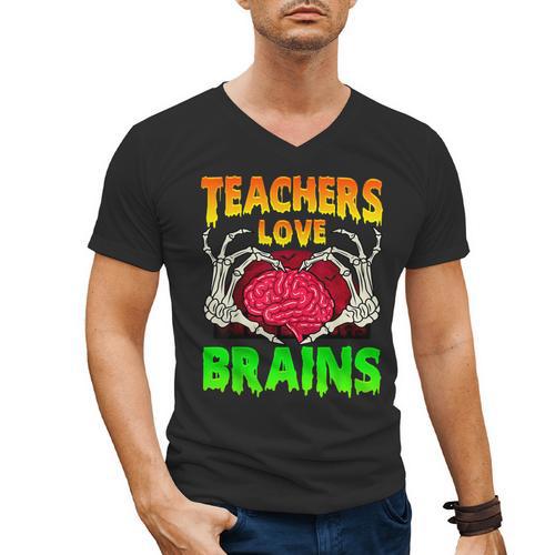 Teacher Teachers Love Brains Skeleton Hand Heart Halloween Men's V-Neck T-Shirt - teacherstshirts.com AU