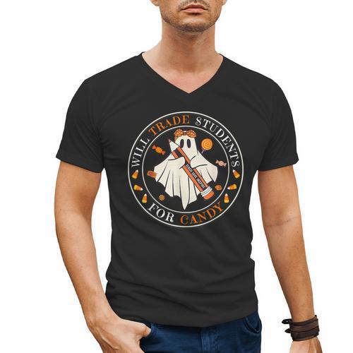 Teacher Will Trade Students For Candy Easy Halloween Costume Men's V-Neck T-Shirt - teacherstshirts.com CA