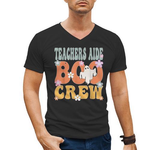 Teachers Aide Boo Crew Ghost Groovy Halloween For Women Men's V-Neck T-Shirt - teacherstshirts.com UK