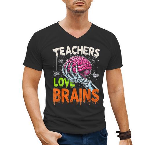 Teachers Love Brains Halloween 2025 Skeleton Costume Men's V-Neck T-Shirt - teacherstshirts.com