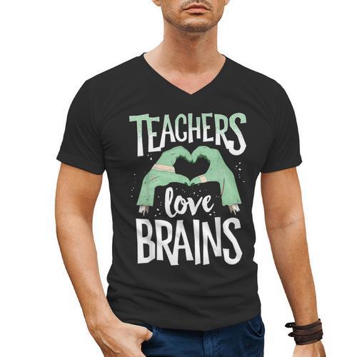 Teachers Love Brains Halloween Costume Trick Treat Zombie Men's V-Neck T-Shirt - teacherstshirts.com AU