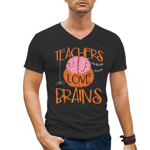 Teachers Love Brains Halloween T-Shirt For Men Women Men's V-Neck T-Shirt - teacherstshirts.com