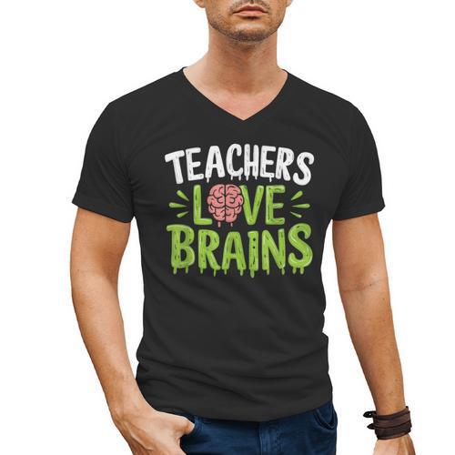 Teachers Love Brains Halloween Teacher Zombie Men's V-Neck T-Shirt - teacherstshirts.com
