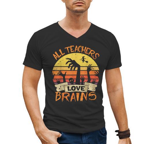 All Teachers Love Brains Shirt Halloween Teachers Men's V-Neck T-Shirt - teacherstshirts.com