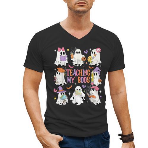 Teaching My Boos Teacher Cute Ghost Groovy Teacher Halloween Men's V-Neck T-Shirt - teacherstshirts.com