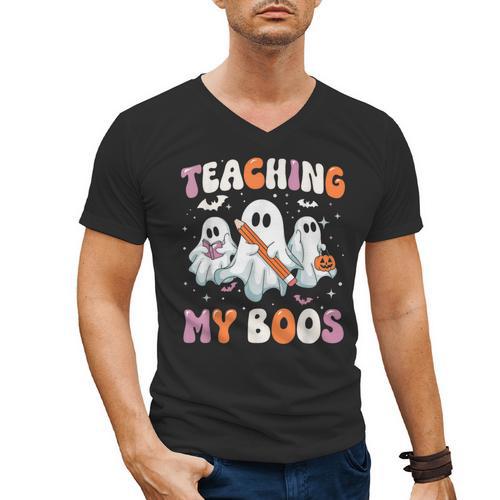 Teaching My Boos Teacher Cute Ghost Teacher Halloween Men's V-Neck T-Shirt - teacherstshirts.com