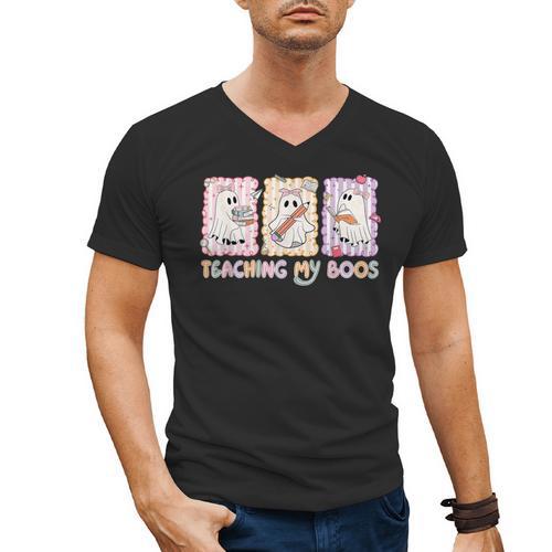 Teaching Is My Boos Teacher Ghost Halloween Women Girls Men's V-Neck T-Shirt - teacherstshirts.com CA