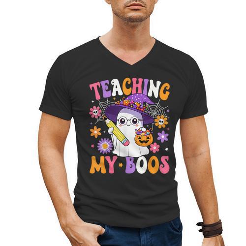 Teaching My Boos Teacher Ghost Teach Halloween Teacher Men's V-Neck T-Shirt - teacherstshirts.com