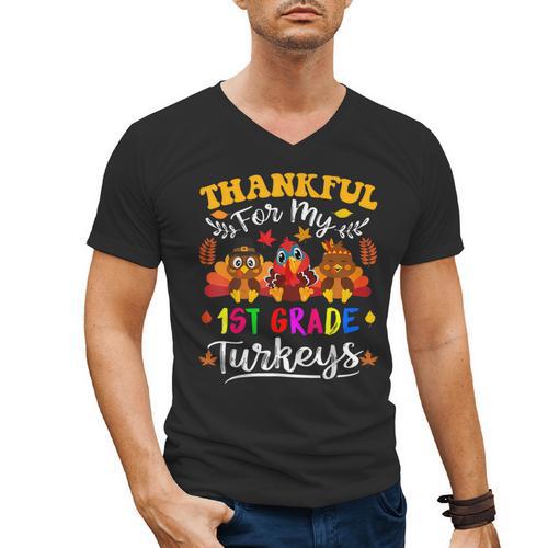 Thankful For My 1st Grade Turkeys Thanksgiving Teacher Fall Men's V-Neck T-Shirt - teacherstshirts.com