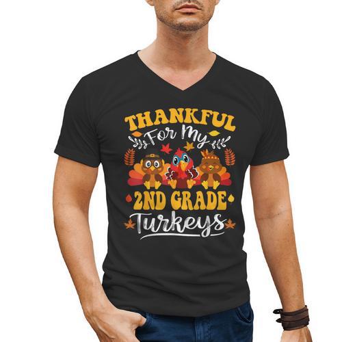 Thankful For My 2nd Grade Turkeys Thanksgiving Teacher Fall Men's V-Neck T-Shirt - teacherstshirts.com