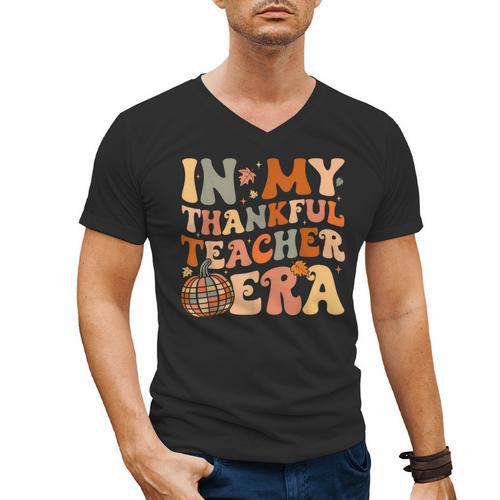 In My Thankful Teacher Era Cute Groovy Thanksgiving Teacher Men's V-Neck T-Shirt - teacherstshirts.com UK