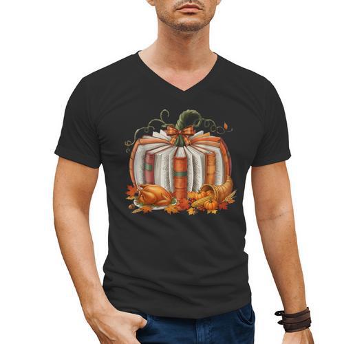 Thanksgiving Book Pumpkin Reading Teachers Fall Lovers Boys Men's V-Neck T-Shirt - teacherstshirts.com AU