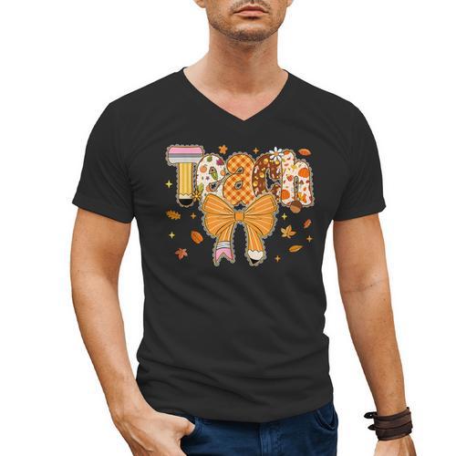 Thanksgiving Teacher Pencil Bow One Thankful Teacher Fall Men's V-Neck T-Shirt - teacherstshirts.com AU