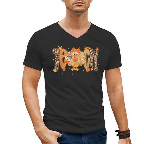 Thanksgiving Turkey Teach Thankful Teacher Girly Bow Women Men's V-Neck T-Shirt - teacherstshirts.com