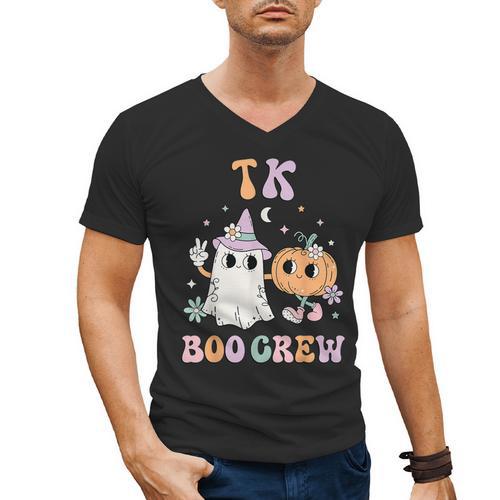TK Boo Crew Retro Groovy Halloween Floral Ghost TK Teacher Men Women Kids Men's V-Neck T-Shirt - teacherstshirts.com UK
