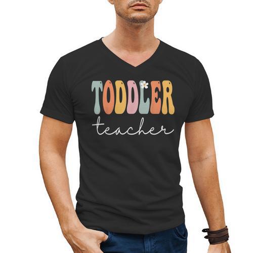 Toddler Teacher Retro Groovy Women Happy First Day Of School Men's V-Neck T-Shirt - teacherstshirts.com