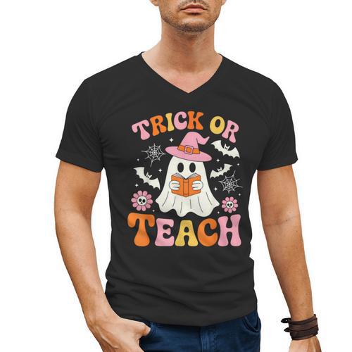 Trick Or Teach Cute Floral Ghost Teacher Halloween Costume Men's V-Neck T-Shirt - teacherstshirts.com CA