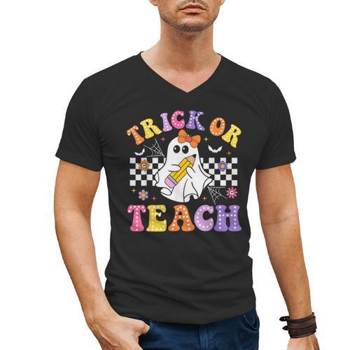Trick Or Teach Groovy Halloween Teachers Men's V-Neck T-Shirt - teacherstshirts.com AU