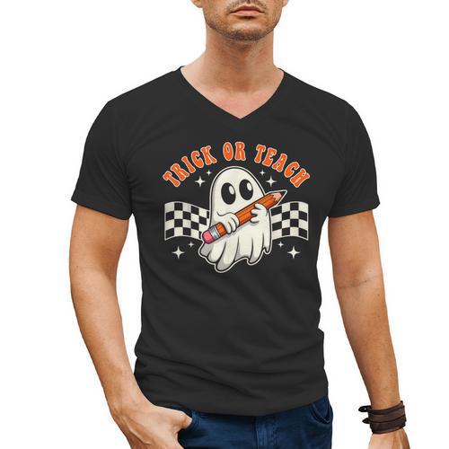 Trick Or Teach Groovy Retro Ghost Halloween Teacher Kids Men's V-Neck T-Shirt - teacherstshirts.com DE