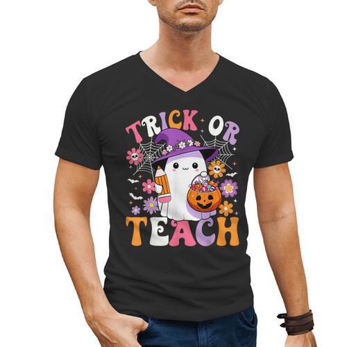 Trick Or Teach Groovy Teacher Ghost Halloween Teacher Men's V-Neck T-Shirt - teacherstshirts.com UK