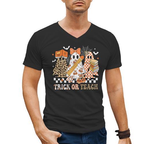 Trick Or Teach Groovy Teacher Halloween Floral Ghost Men's V-Neck T-Shirt - teacherstshirts.com