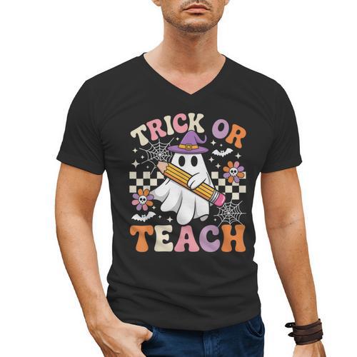 Trick Or Teach Groovy Teacher Halloween Retro Ghost Men's V-Neck T-Shirt - teacherstshirts.com